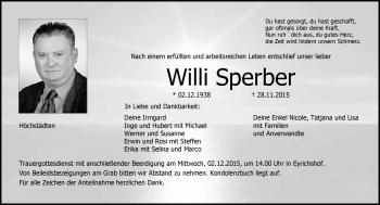 Traueranzeige von Willi Sperber von Neue Presse Coburg