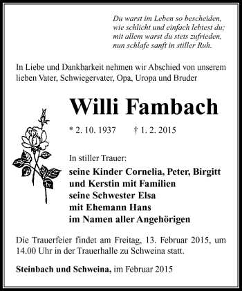 Traueranzeige von Willi Fambach von Südthüringer Presse