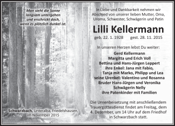 Traueranzeige von Lilli Kellermann von Südthüringer Presse