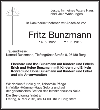 Traueranzeige von Fritz Bunzmann von Frankenpost