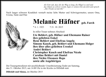 Traueranzeige von Melanie Häfner von Südthüringer Presse