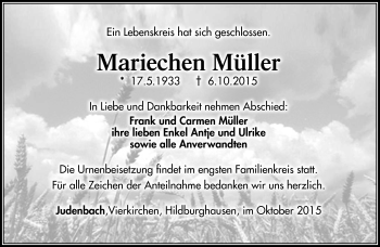 Traueranzeige von Mariechen Müller von Südthüringer Presse