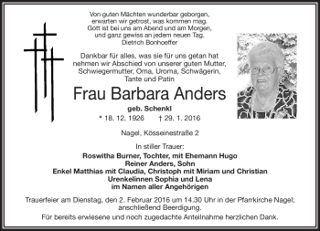 Traueranzeige von Barbara Anders von Frankenpost