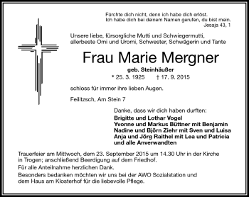 Traueranzeige von Marie Mergner von Frankenpost