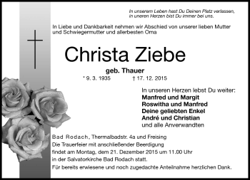 Traueranzeige von Christa Ziebe von Neue Presse Coburg