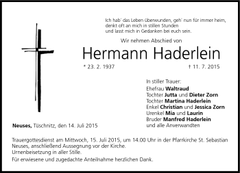 Traueranzeige von Hermann Haderlein von Neue Presse Coburg