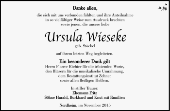 Traueranzeige von Ursula Wieseke von Südthüringer Presse