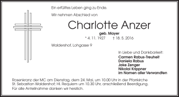 Traueranzeige von Charlotte Anzer von Frankenpost