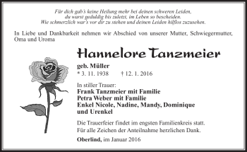 Traueranzeige von Hannelore Tanzmeier von Südthüringer Presse