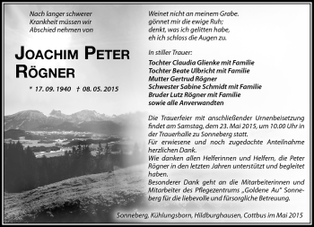 Traueranzeige von Joachim Peter Rögner von Südthüringer Presse