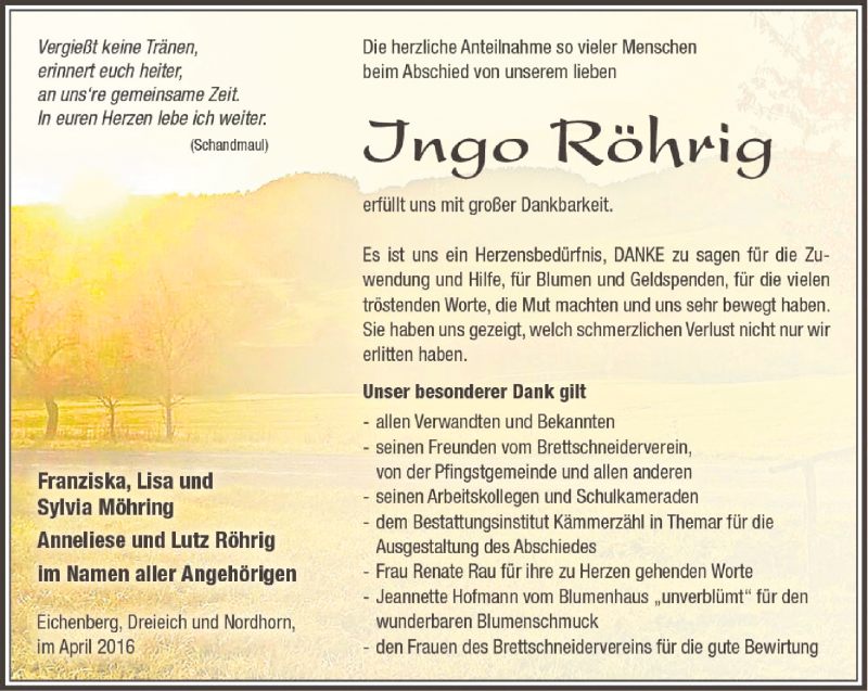  Traueranzeige für Ingo Röhrig vom 16.04.2016 aus Südthüringer Presse