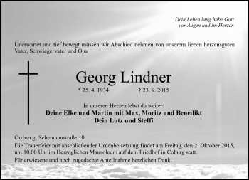 Traueranzeige von Georg Lindner von Neue Presse Coburg