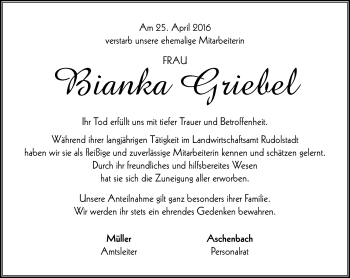 Traueranzeige von Bianka Griebel von Südthüringer Presse