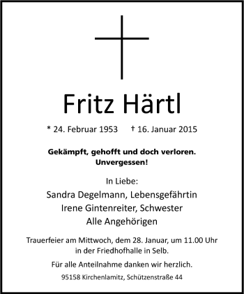 Traueranzeige von Fritz Härtl von Frankenpost