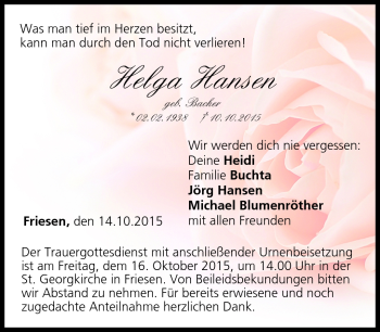 Traueranzeige von Helga Hansen von Neue Presse Coburg