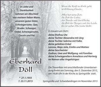 Traueranzeige von Eberhard Döll von Südthüringer Presse