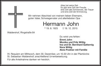Traueranzeige von Hermann John von Frankenpost