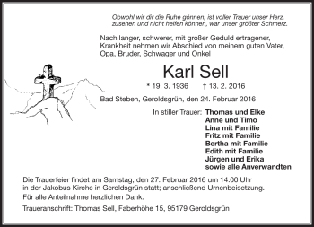 Traueranzeige von Karl Sell von Frankenpost