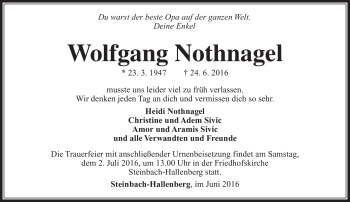 Traueranzeige von Wolfgang Nothnagel von Südthüringer Presse