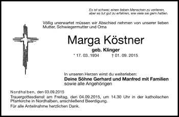 Traueranzeige von Marga Köstner von Neue Presse Coburg