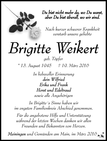 Traueranzeige von Brigitte Weikert von Südthüringer Presse