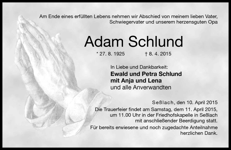  Traueranzeige für Adam Schlund vom 10.04.2015 aus Neue Presse Coburg