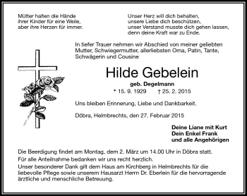 Traueranzeige von Hilde gebelein von Frankenpost