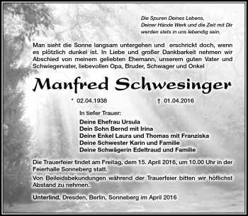 Traueranzeige von Manfred Schwesinger von Südthüringer Presse