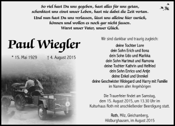 Traueranzeige von Paul Wiegler von Südthüringer Presse