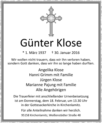 Traueranzeige von Günter Klose von Frankenpost