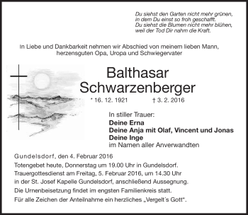 Traueranzeige von Balthasar Schwarzenberger von Neue Presse Coburg
