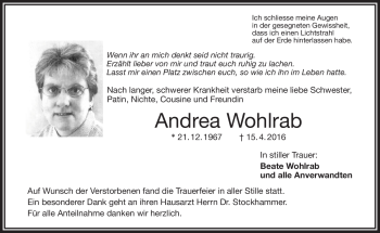 Traueranzeige von Andrea Wohlrab von Frankenpost
