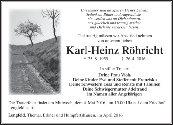 Traueranzeige von Karl-Heinz Röhricht von Südthüringer Presse