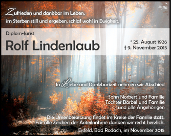 Traueranzeige von Rolf Lindenlaub von Südthüringer Presse