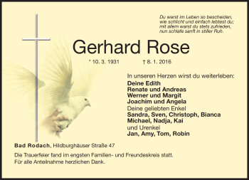Traueranzeige von Gerhard Rose von Neue Presse Coburg