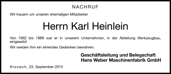 Traueranzeige von Karl Heinlein von Neue Presse Coburg
