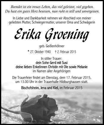 Traueranzeige von Erika Groening von Südthüringer Presse