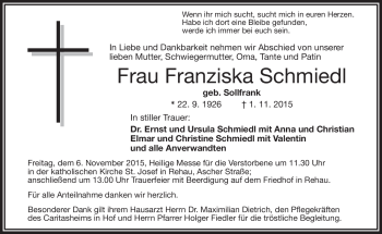 Traueranzeige von Franziska Schmiedl von Frankenpost