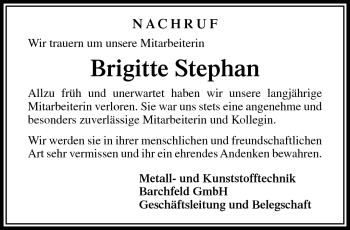 Traueranzeige von Brigitte Stephan von Südthüringer Presse