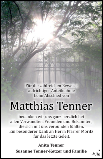 Traueranzeige von Matthias Tenner von Südthüringer Presse