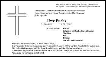 Traueranzeige von Uwe Fuchs von Neue Presse Coburg