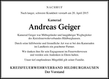 Traueranzeige von Andreas Geiger von Südthüringer Presse