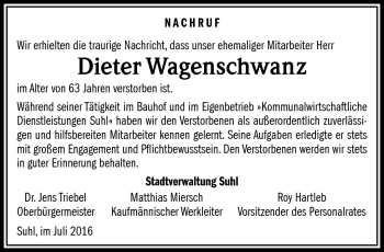 Traueranzeige von Dieter Wagenschwanz von Südthüringer Presse