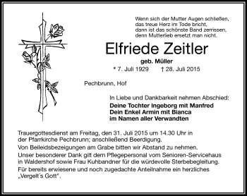 Traueranzeige von Elfriede Zeitler von Frankenpost