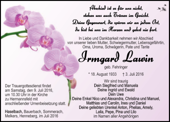 Traueranzeige von Irmgard Lawin von Südthüringer Presse