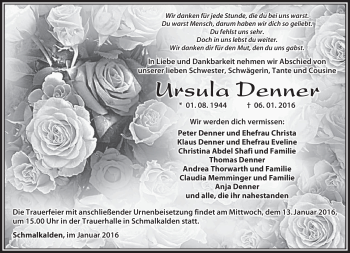 Traueranzeige von Ursula Denner von Südthüringer Presse
