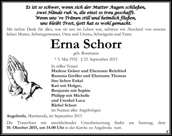 Traueranzeige von Erna Schorr von Südthüringer Presse