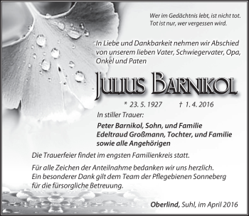Traueranzeige von Julius Barnikol von Südthüringer Presse