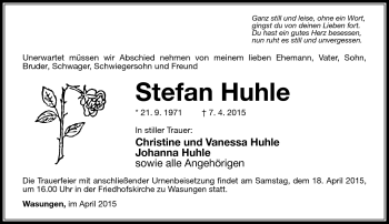 Traueranzeige von Stefan Huhle von Südthüringer Presse