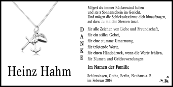 Traueranzeige von Heinz Hahm von Südthüringer Presse